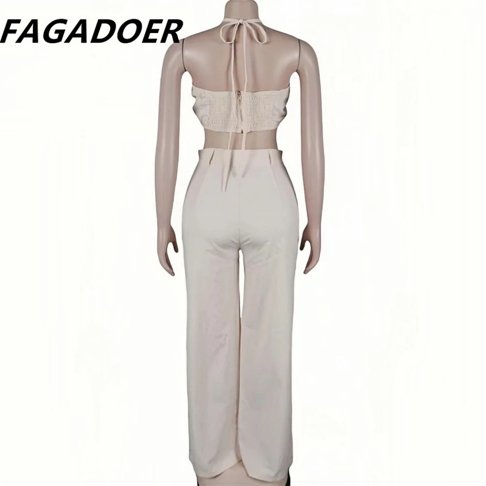 FAGADOER Sexy Solid Hole Wide Leg Pants Streetwear Women Halter Sleeveless Backless Crop Top And Pants Two Piece Sets Outfits - Image 5