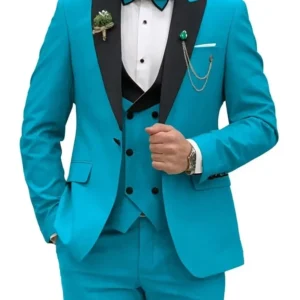 Blue Men Suits Slim Fit 3 Piece Double Breasted Suit Men Wedding Prom Party Business(Blazer+Vest+Pants) Wedding Suits for Men