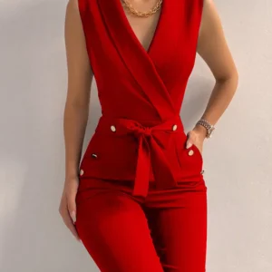 Women Casual V Neck Jumpsuits Button Lace Up Sleeveless Wide Leg Pants Streetwear Overalls Jumpsuit Women