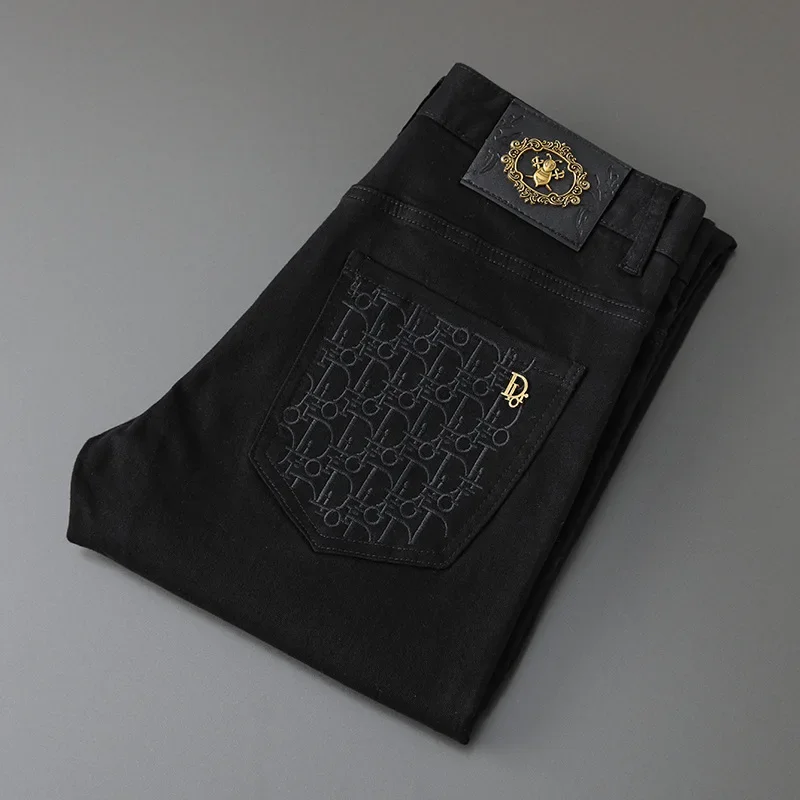 Korean Style Embroidery Black And White Jeans Men's Trendy Brand Elastic Slim Fit Casual Luxury Trousers For Young Men - Image 4