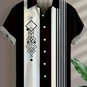 Summer 2025 Men's Short-sleeved Shirt With Black And White Stripes And Collection Pattern Print Single-breasted Fashion Shirt