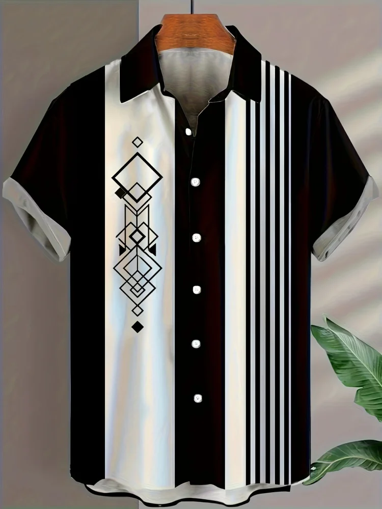 Summer 2025 Men's Short-sleeved Shirt With Black And White Stripes And Collection Pattern Print Single-breasted Fashion Shirt