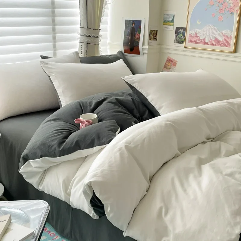 Cotton Bed Linen Solid Bedding Set with Sheet Duvet Cover Pillowcases Single Couple Bedsheet King Queen Double Twin Size