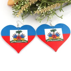 Printing 6cm Haiti Flag Heart Wooden earrings