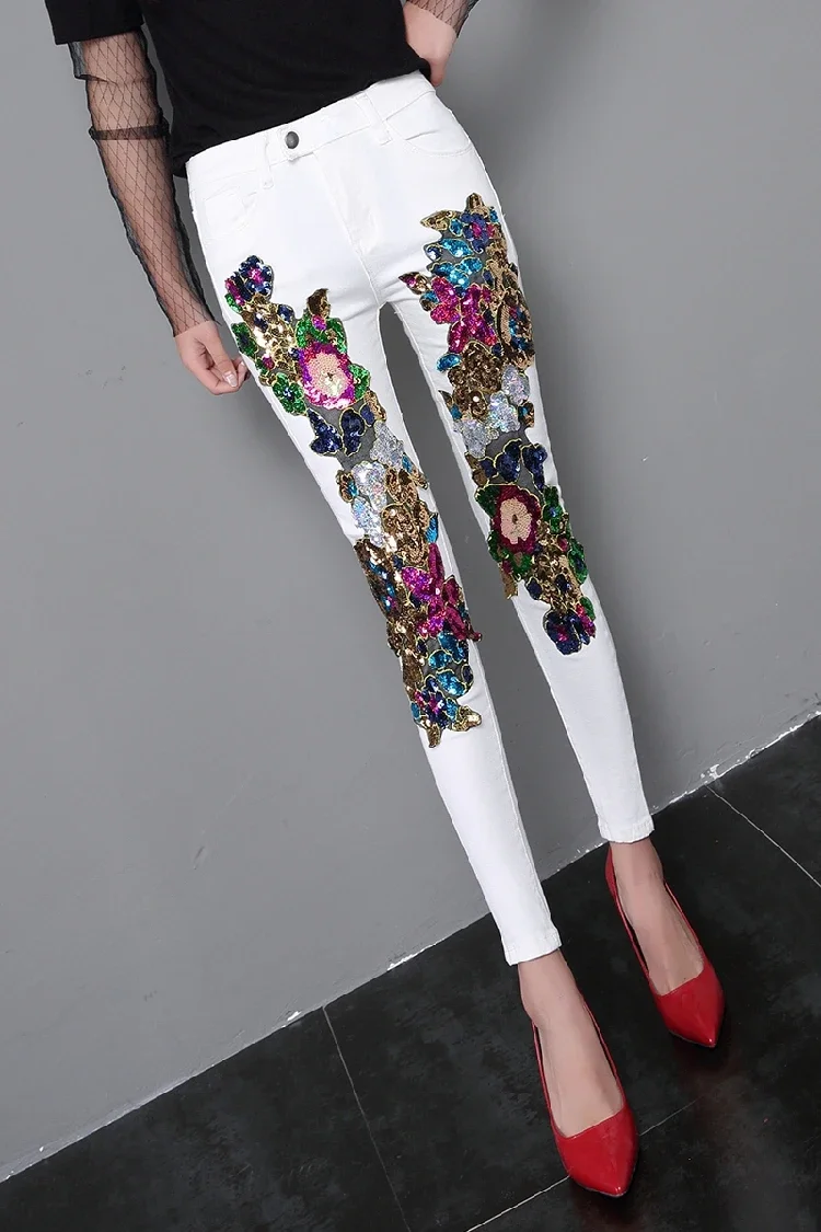 2024 Spring and Summer Women's Sequins White Denim Pants Slim All-match Basic Pencil Student Stretch Jeans Daily Street Trousers - Image 4