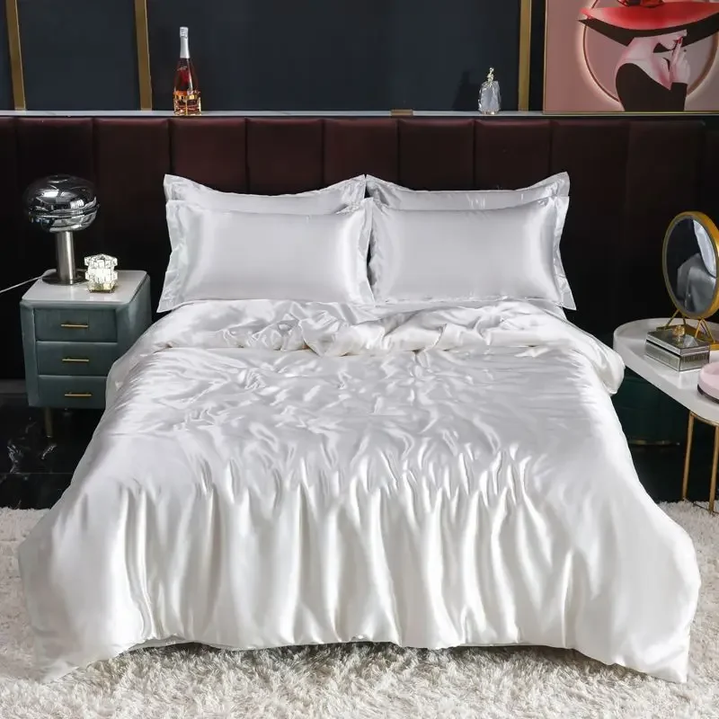 Nordic Satin Silk Bedding Set with Duvet Cover Bed Sheet Pillowcases Luxury Solid Single Double Couple Pillow Case Bedsheet - Image 3
