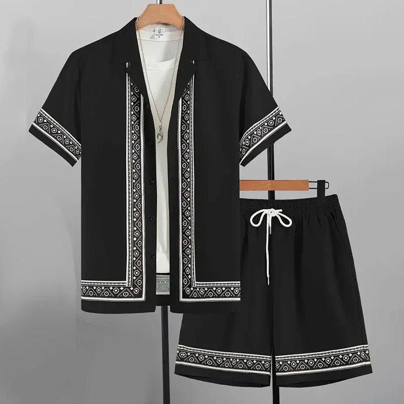 2025 New Men's Summer Holiday Suit Retro Textured Printed Border Shirt Short Sleeve Shorts Two Piece Men's Breathable Pool Suit