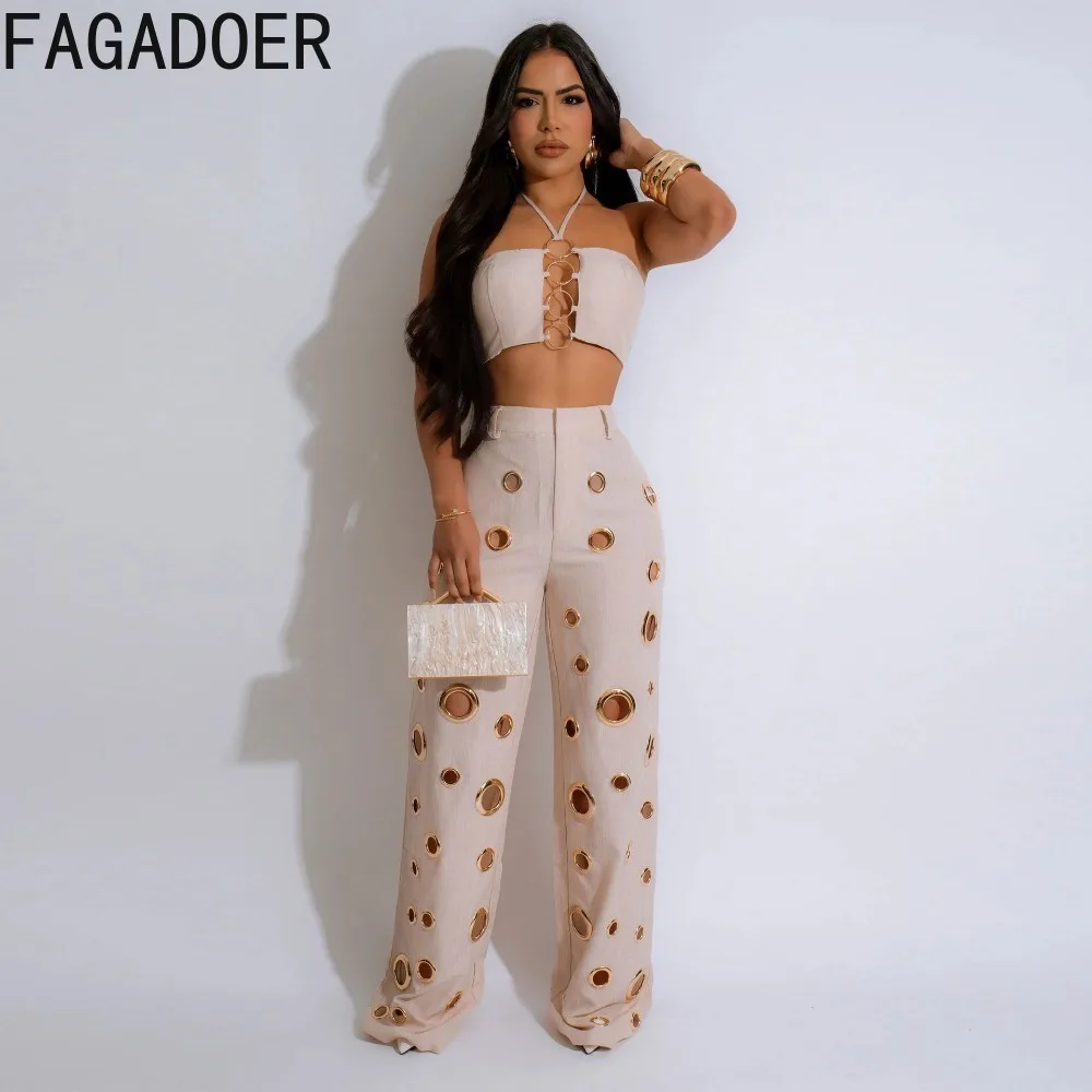 FAGADOER Sexy Solid Hole Wide Leg Pants Streetwear Women Halter Sleeveless Backless Crop Top And Pants Two Piece Sets Outfits - Image 3