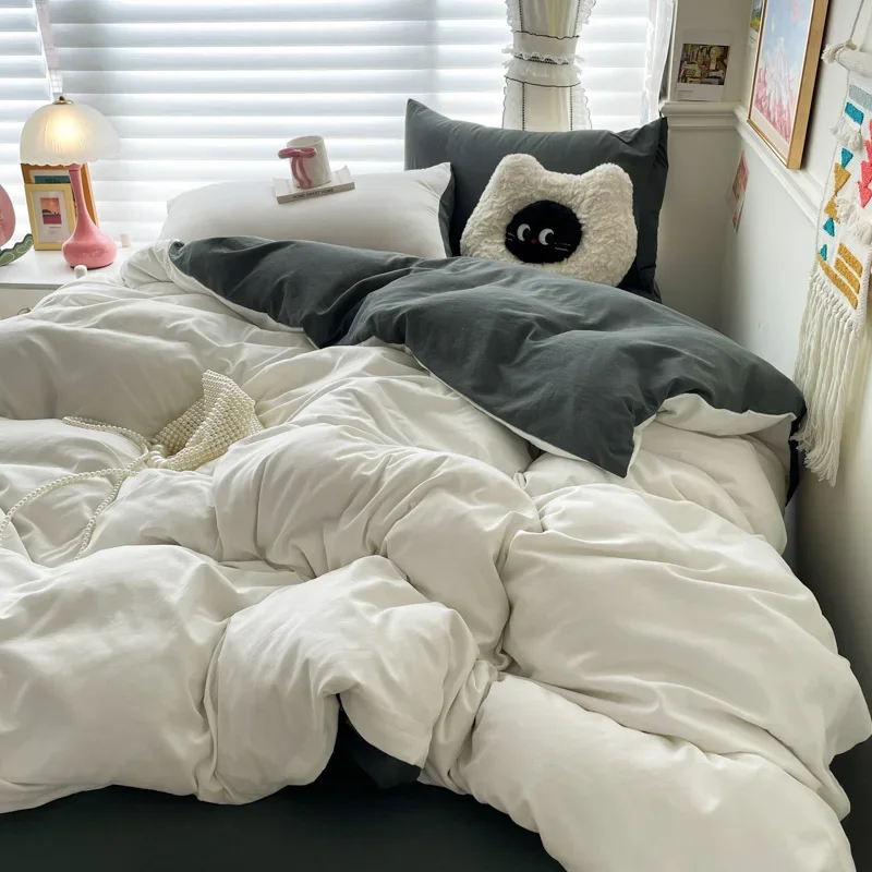 Cotton Bed Linen Solid Bedding Set with Sheet Duvet Cover Pillowcases Single Couple Bedsheet King Queen Double Twin Size - Image 2