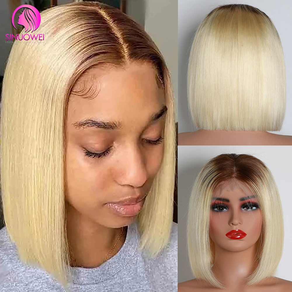 4/613 Blonde Bob Wig Dark Root Honey Blonde Colored Short Bob Human Hair Wigs 13x4 Lace Frontal Brazilian Hair Wigs For Women