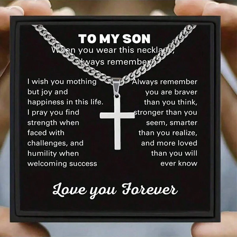To My Son Stainless Steels Cross Pendant Cuban Chain Necklace With Inspirational Card Gifts