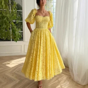 Cocktail Dresses Strapless Yellow Lace Satin Sexy Sweetheart Long Evening Dress Women Elegant Pleat Button Party Prom Dress