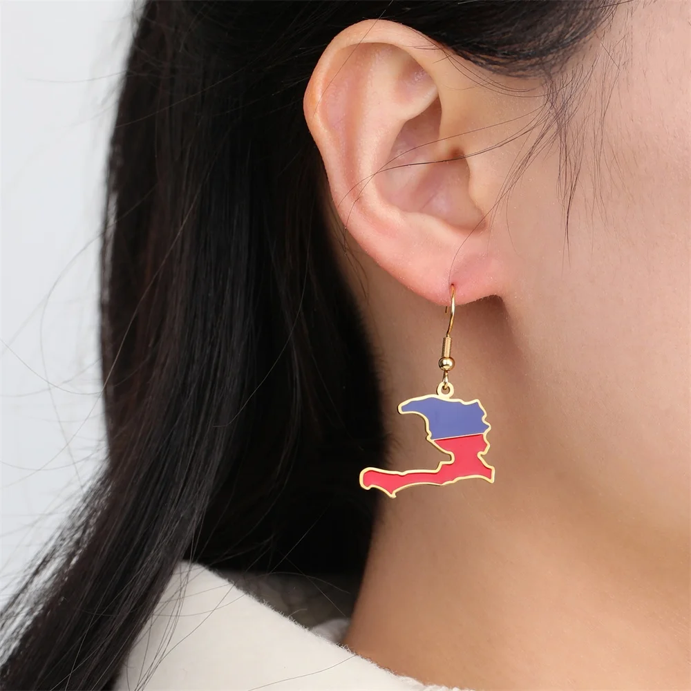 EUEAVAN Enamel Haiti Map Pendents Dangle Earrings for Women Stainless Steel Trendy Haitian Flag Ethnic Jewelry Gifts Wholesale
