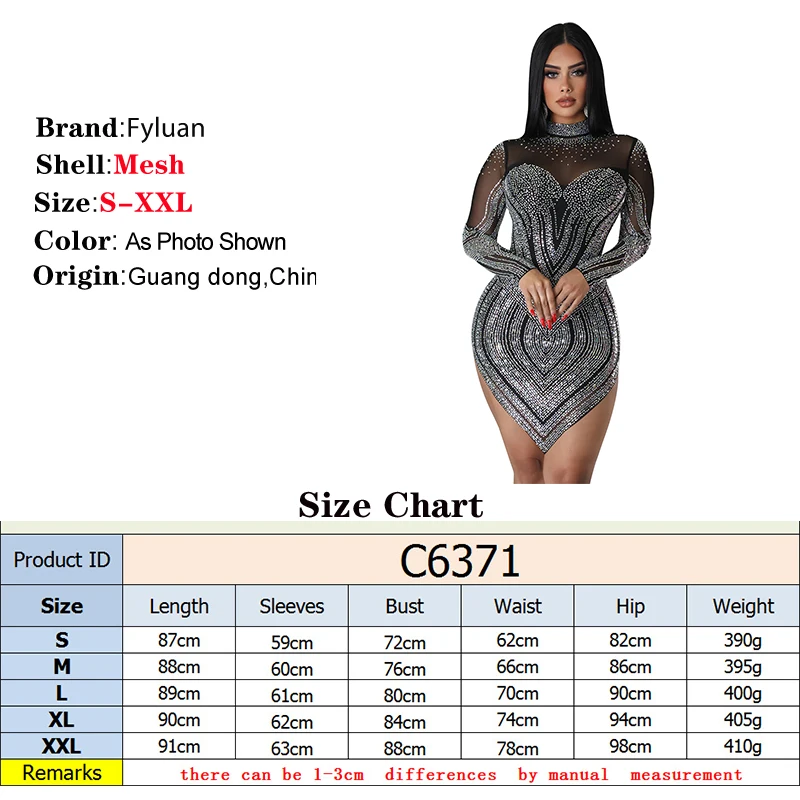 Long Sleeve Dress for Women Elegant Rhinestone Decor Sheer Mesh Bodycon Sparkly Crystal Rhinestones Party Birthday Short Skirt - Image 5