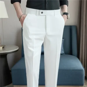 2025 Summer Thin White Elastic Nine Cent Suit Pants for Men,gray Blue Four-side Elastic Comfortable Drape Men's Casual Trousers
