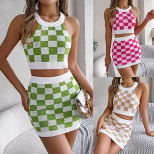 2025 Summer Women's Clothing Set Contrast Plaid Ladies Hanging Neck Top Women's Slim Fit Skirt Women's New In Matching Sets