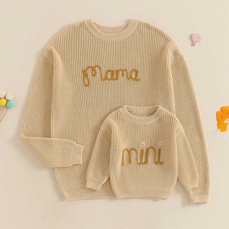 Family Matching Sweaters Mommy and Me Letter Embroidery Round Neck Knitwear Comfortable Warm Tops - Image 2