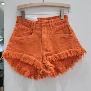 Orange Denim Shorts Women Green Hot Pants 2023 Summer Woman's Clothing All-Match Ins Fashion Wide-Leg Ripped Tassel Shorts