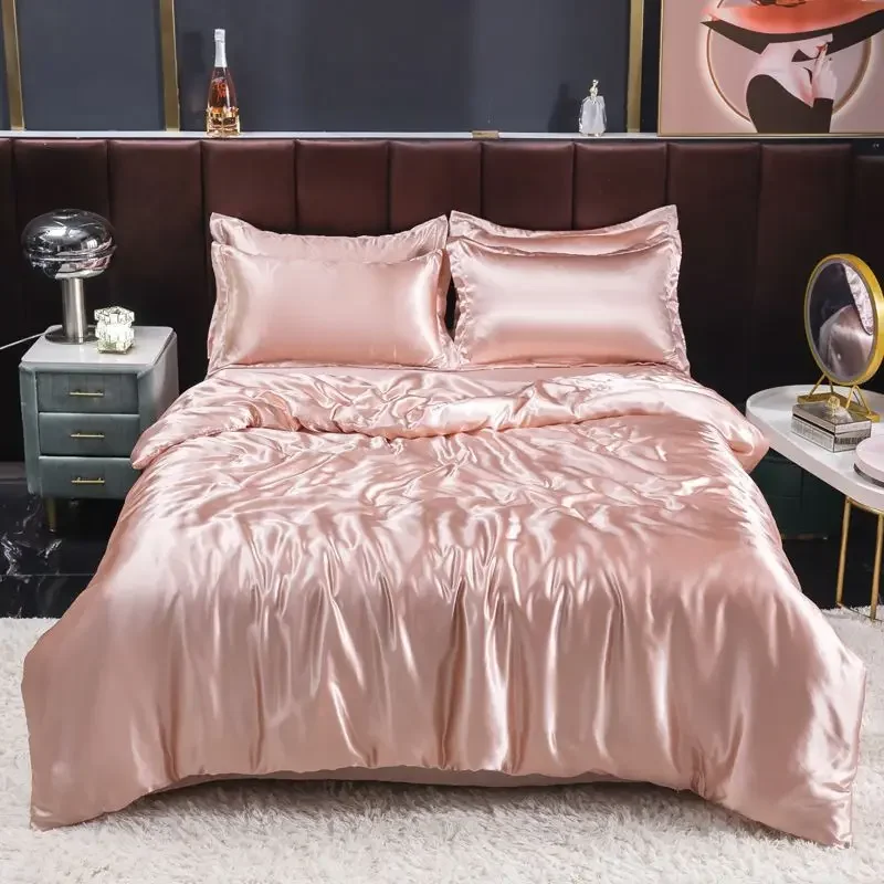 Nordic Satin Silk Bedding Set with Duvet Cover Bed Sheet Pillowcases Luxury Solid Single Double Couple Pillow Case Bedsheet - Image 4