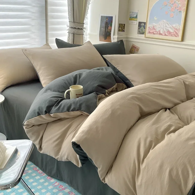 Cotton Bed Linen Solid Bedding Set with Sheet Duvet Cover Pillowcases Single Couple Bedsheet King Queen Double Twin Size - Image 6