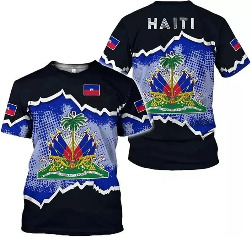 Haitian Flag Pattern Men's T-shirt 3D Printed Haiti National Emblem Short Sleeves Fashion Tops T Shirts National Day Tee Shirt