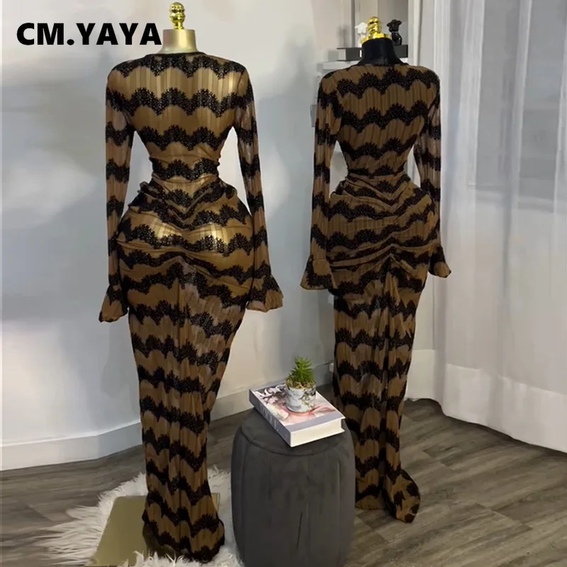 CM.YAYA Women Flare Full Sleeve Wave Striped Ruched Stacked Bodycon Midi Long Maxi Dress 2025 Evening Sexy Party Dresses Vestido - Image 3