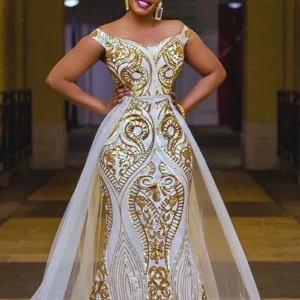 Plus Size Formal Wedding Royal Appliques Off The Shoulder Tulle Mermaid Sweep Maxi Dress