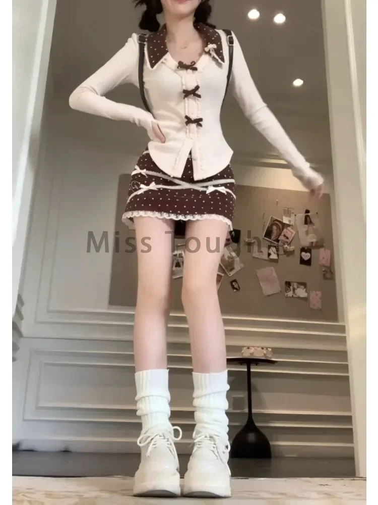 Japanese Y2k Design 2 Piece Set Women Sweet Bow Tops + Polka Dot Mini Skirt Suit Autumn Winter Lace Casual Party Sets 2024 New - Image 4