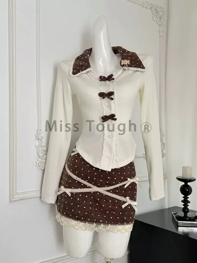 Japanese Y2k Design 2 Piece Set Women Sweet Bow Tops + Polka Dot Mini Skirt Suit Autumn Winter Lace Casual Party Sets 2024 New - Image 5