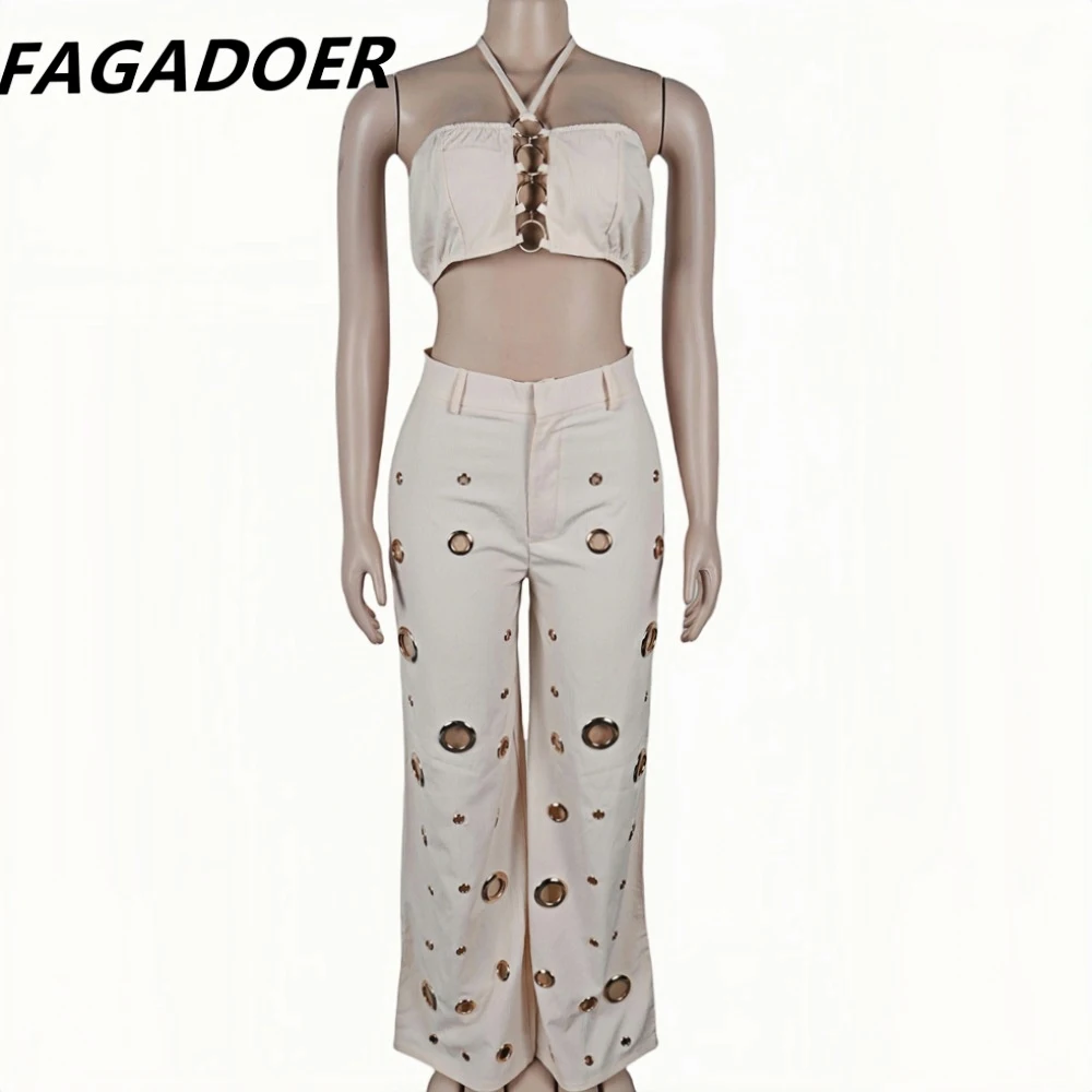 FAGADOER Sexy Solid Hole Wide Leg Pants Streetwear Women Halter Sleeveless Backless Crop Top And Pants Two Piece Sets Outfits - Image 4