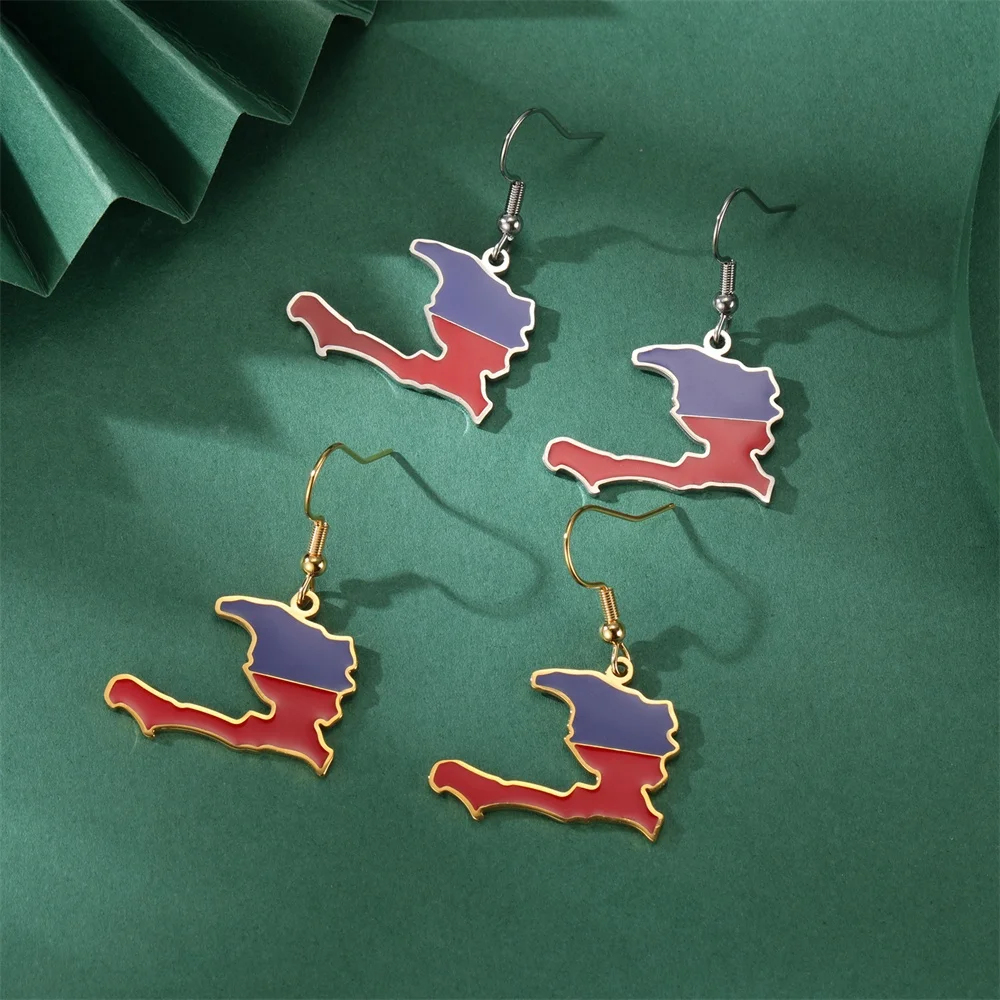 EUEAVAN Enamel Haiti Map Pendents Dangle Earrings for Women Stainless Steel Trendy Haitian Flag Ethnic Jewelry Gifts Wholesale - Image 2