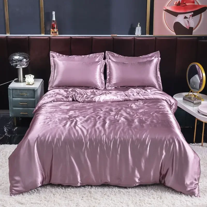 Nordic Satin Silk Bedding Set with Duvet Cover Bed Sheet Pillowcases Luxury Solid Single Double Couple Pillow Case Bedsheet - Image 5