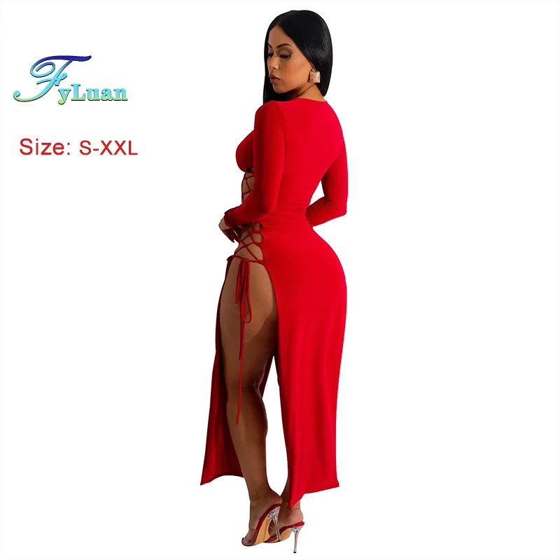 2025 Sexy Women Chest Hollow Out Bandage Long Sleeves Collect Waist Dress Two Side Split Ruffles Lace Up Decor One-Piece Clothes - Image 2