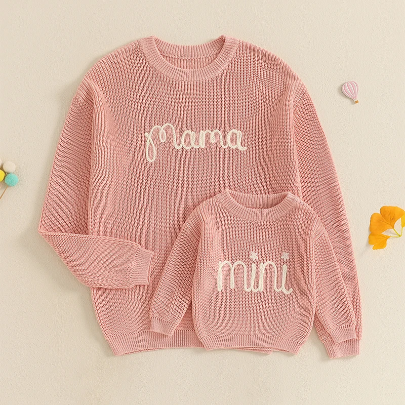 Family Matching Sweaters Mommy and Me Letter Embroidery Round Neck Knitwear Comfortable Warm Tops - Image 3