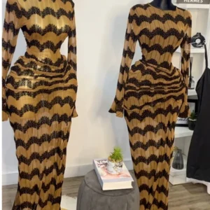 CM.YAYA Women Flare Full Sleeve Wave Striped Ruched Stacked Bodycon Midi Long Maxi Dress 2025 Evening Sexy Party Dresses Vestido