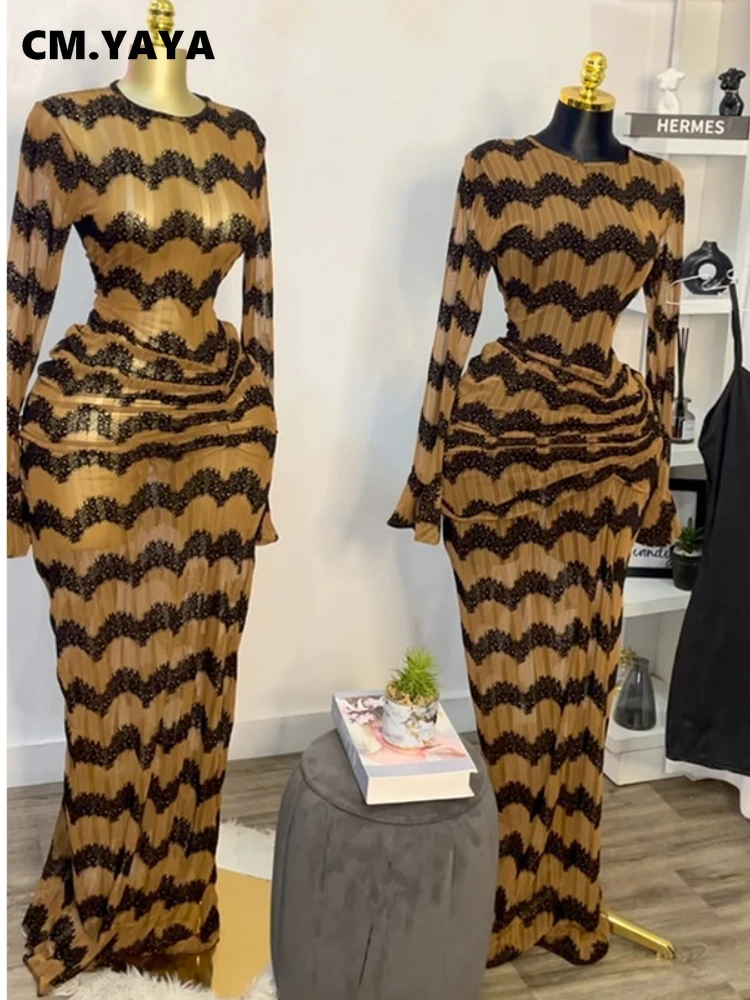 CM.YAYA Women Flare Full Sleeve Wave Striped Ruched Stacked Bodycon Midi Long Maxi Dress 2025 Evening Sexy Party Dresses Vestido