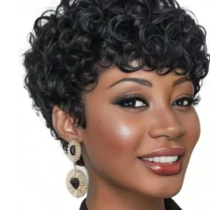 Cut Short Curly Wigs for Women, Synthetic Full Wigs with Bangs, Glueless Daily Wear And Go, Black Color, Heat Resistant, Beginne
