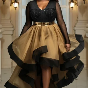 Plus Size Cocktail Party Black Gold V Neck Long Sleeve High Low Hem Tulle Midi Dresses