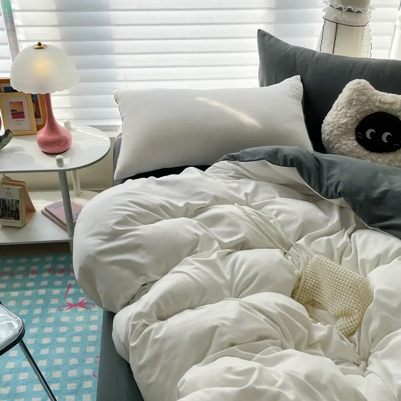 Cotton Bed Linen Solid Bedding Set with Sheet Duvet Cover Pillowcases Single Couple Bedsheet King Queen Double Twin Size - Image 3