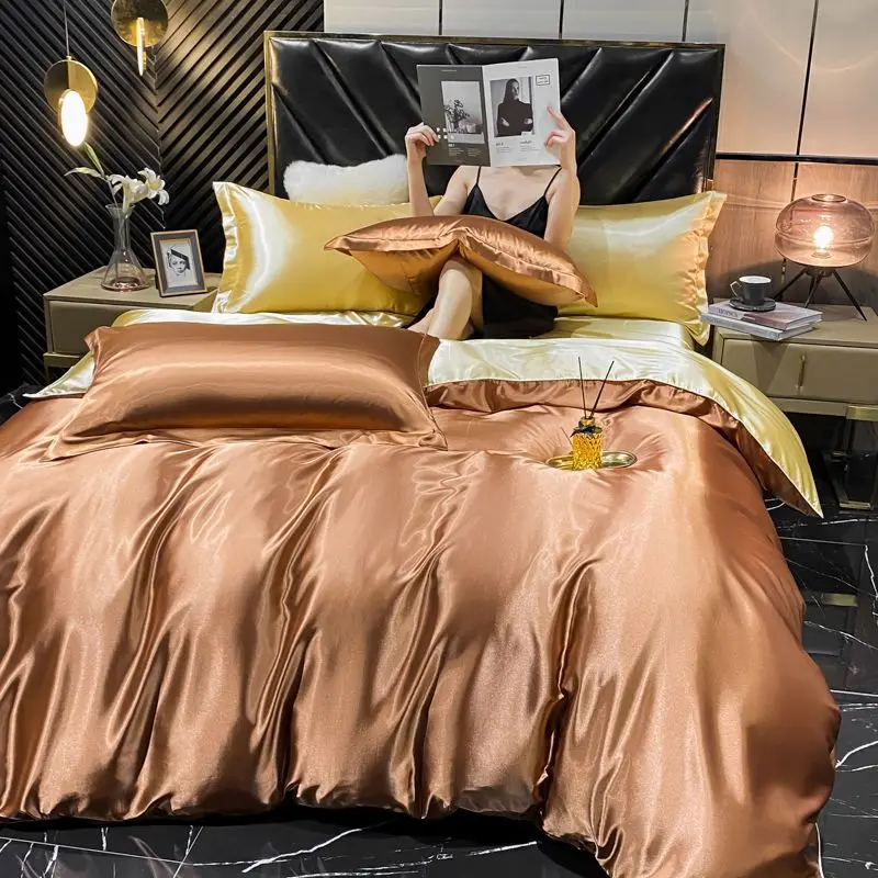 Solid Rayon Silk Bedding Set with Duvet Cover Bed Sheet Pillowcases Luxury King Single Double Couple Satin Pillow Case Bedsheet