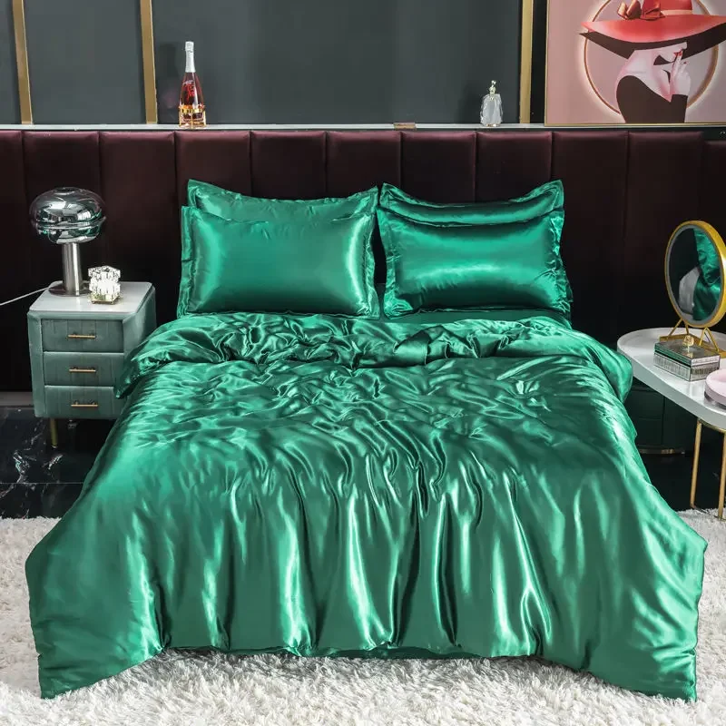 Nordic Satin Silk Bedding Set with Duvet Cover Bed Sheet Pillowcases Luxury Solid Single Double Couple Pillow Case Bedsheet - Image 6