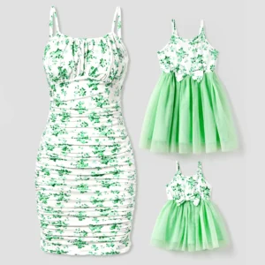PatPat Mommy and Me Green Floral Ruched Bodycon Strap Dress or Spliced Mesh Strap Dress Suitable for Summer Season