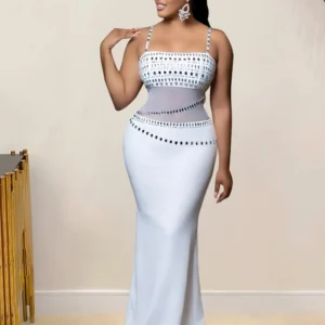 CM.YAYA Women Mesh See Though Diamonds Hot Rhinestones Strap Bodycon Midi Maxi Dress 2024 Evening Party Club Party Long Dresses