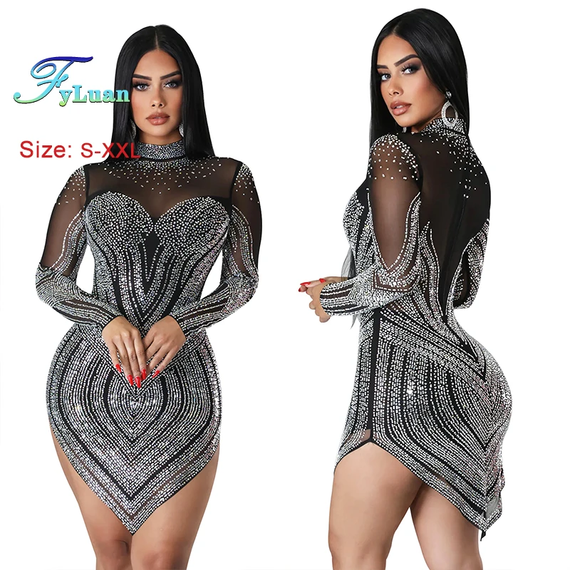 Long Sleeve Dress for Women Elegant Rhinestone Decor Sheer Mesh Bodycon Sparkly Crystal Rhinestones Party Birthday Short Skirt - Image 4