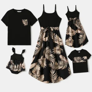 PatPat Family Matching Floral Print Belted Cami Dresses And Solid Short Sleeve Tops Sets