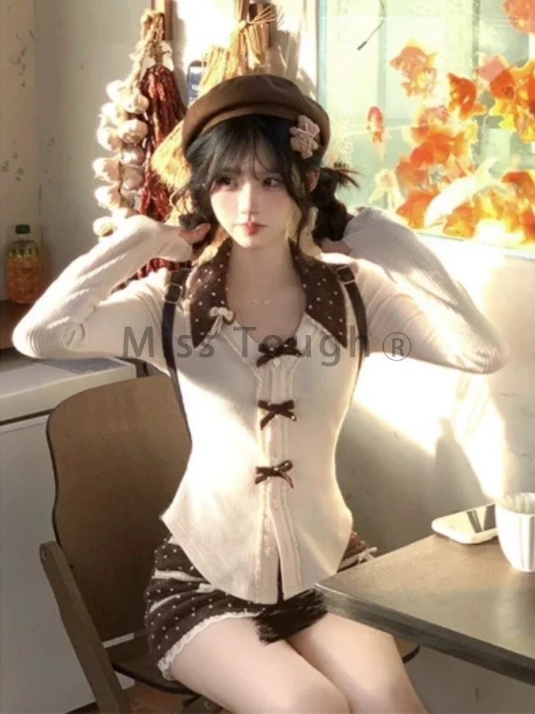 Japanese Y2k Design 2 Piece Set Women Sweet Bow Tops + Polka Dot Mini Skirt Suit Autumn Winter Lace Casual Party Sets 2024 New - Image 2