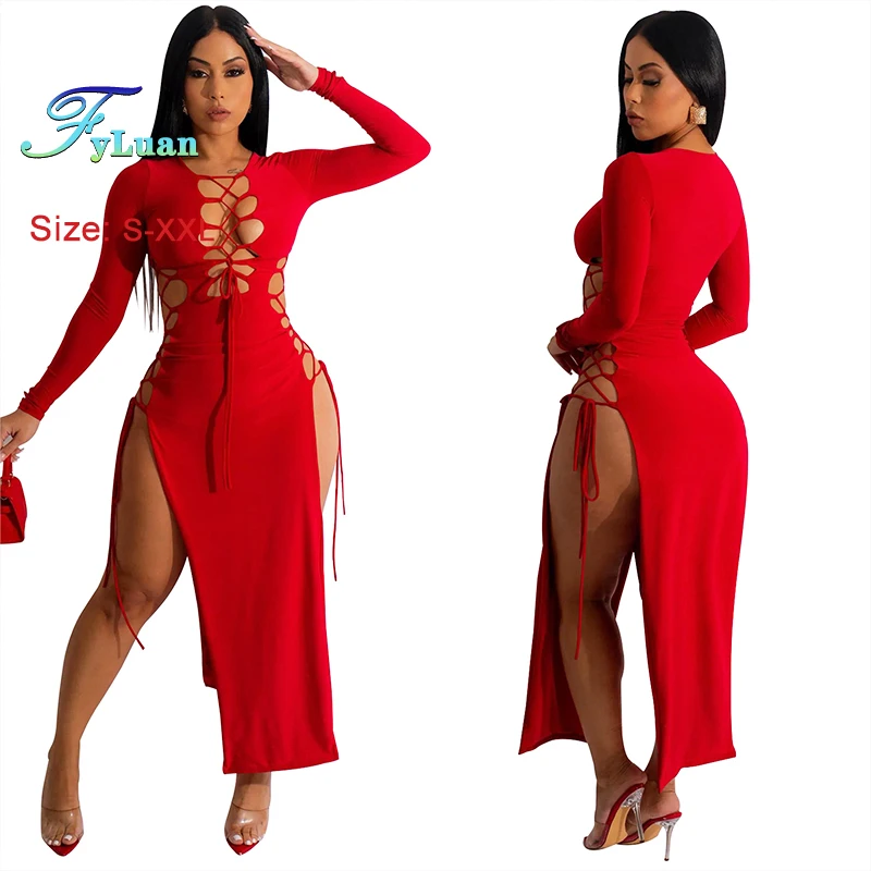 2025 Sexy Women Chest Hollow Out Bandage Long Sleeves Collect Waist Dress Two Side Split Ruffles Lace Up Decor One-Piece Clothes - Image 3