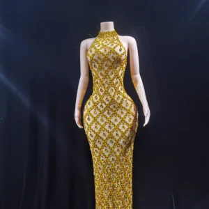 Sparkling sequin crystal long dress, ladies' evening dress, ball, birthday dress, sexy and transparent performance clothing