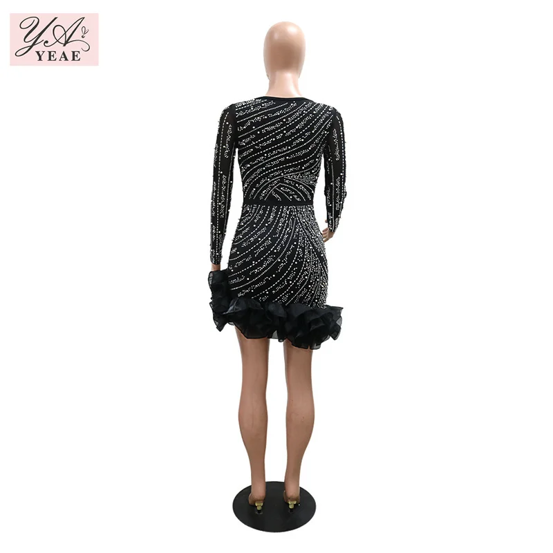 2025 New Women Mesh Sleeve Bodycon Sexy Diamonds Birthday Party Dress Tierred Ruffles Rhinestone Pearls Night Club Dress Pink - Image 5