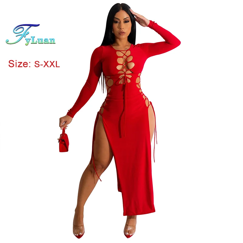 2025 Sexy Women Chest Hollow Out Bandage Long Sleeves Collect Waist Dress Two Side Split Ruffles Lace Up Decor One-Piece Clothes